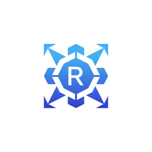 Letra inicial R flecha dirección tecnología bagde logo