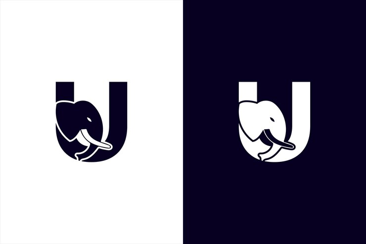 Letra inicial U con logotipo de vector abstracto de elefante. Diseño moderno del logotipo del alfabeto de la letra U del elefante
