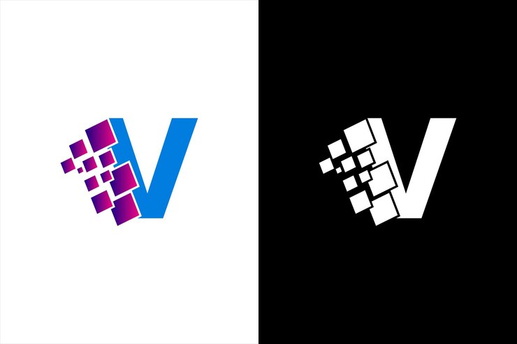 La letra inicial V es el elemento de plantilla de diseño del logotipo de píxeles digitales La letra V es el triángulo del logotipo del píxeles