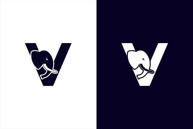 Letra inicial V con logotipo de vector abstracto de elefante. Diseño moderno del logotipo del alfabeto de la letra V del elefante