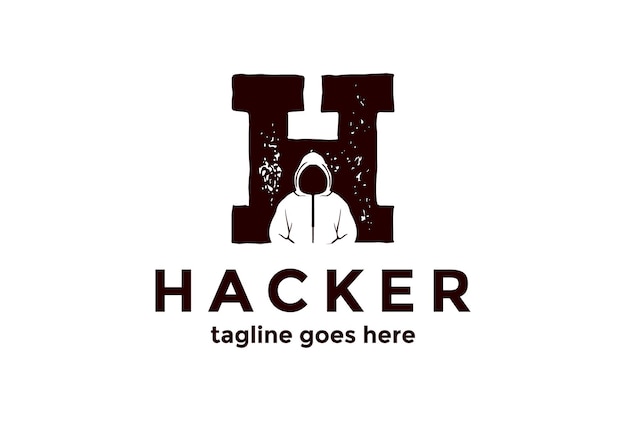 Letra inicial vintage H con hombre misterioso para diseño de logotipo Hacker