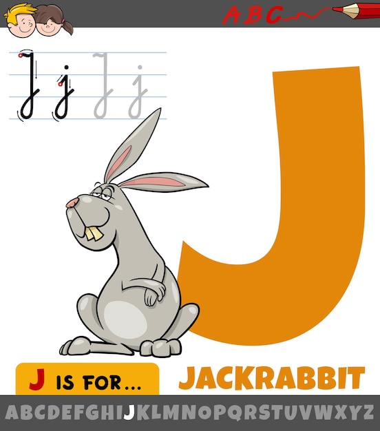 letra J del alfabeto con carácter animal de liebre de dibujos animados