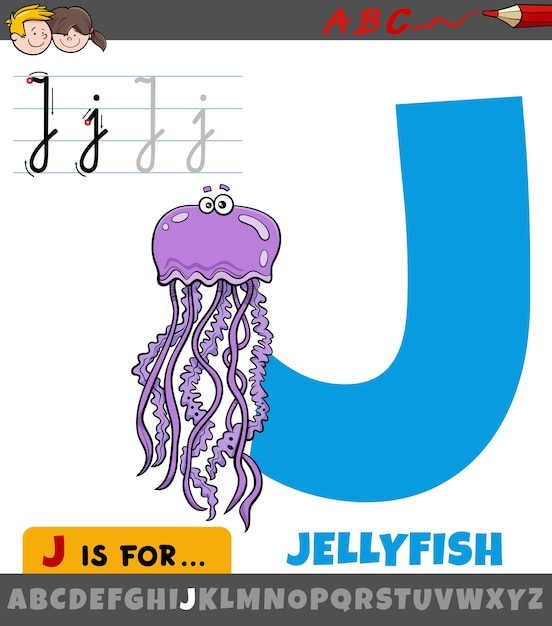 Letra j del alfabeto con personaje animal medusa de dibujos animados