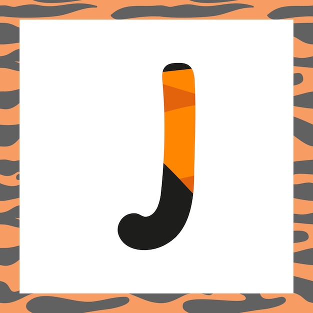 Letra j con fuente festiva de patrón de tigre y marco de naranja con rayas negras, símbolo del alfabeto para ...