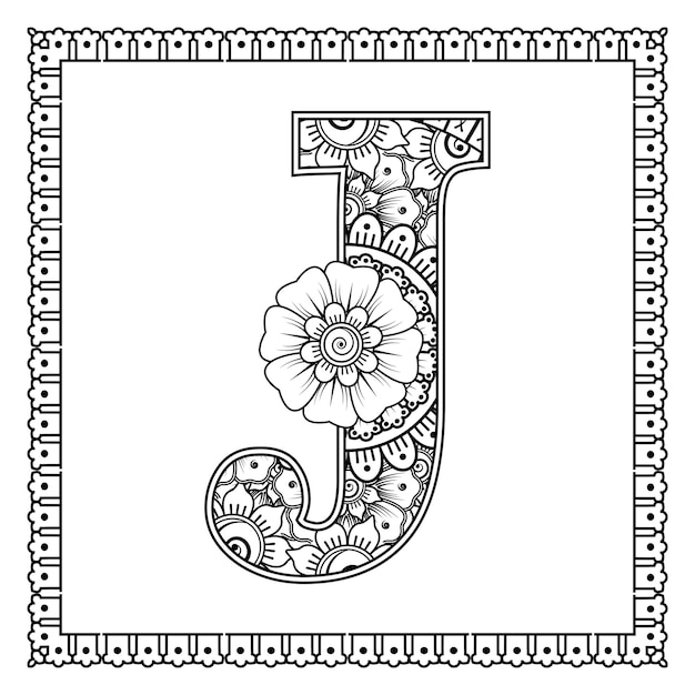 Letra J hecha de flores en estilo mehndi para colorear ilustración de vector de handdraw de contorno de página de libro
