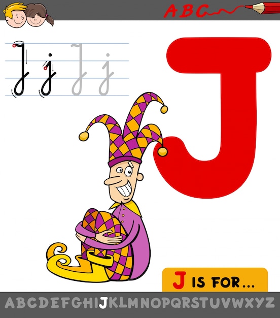 letra j con personaje de bufón de dibujos animados