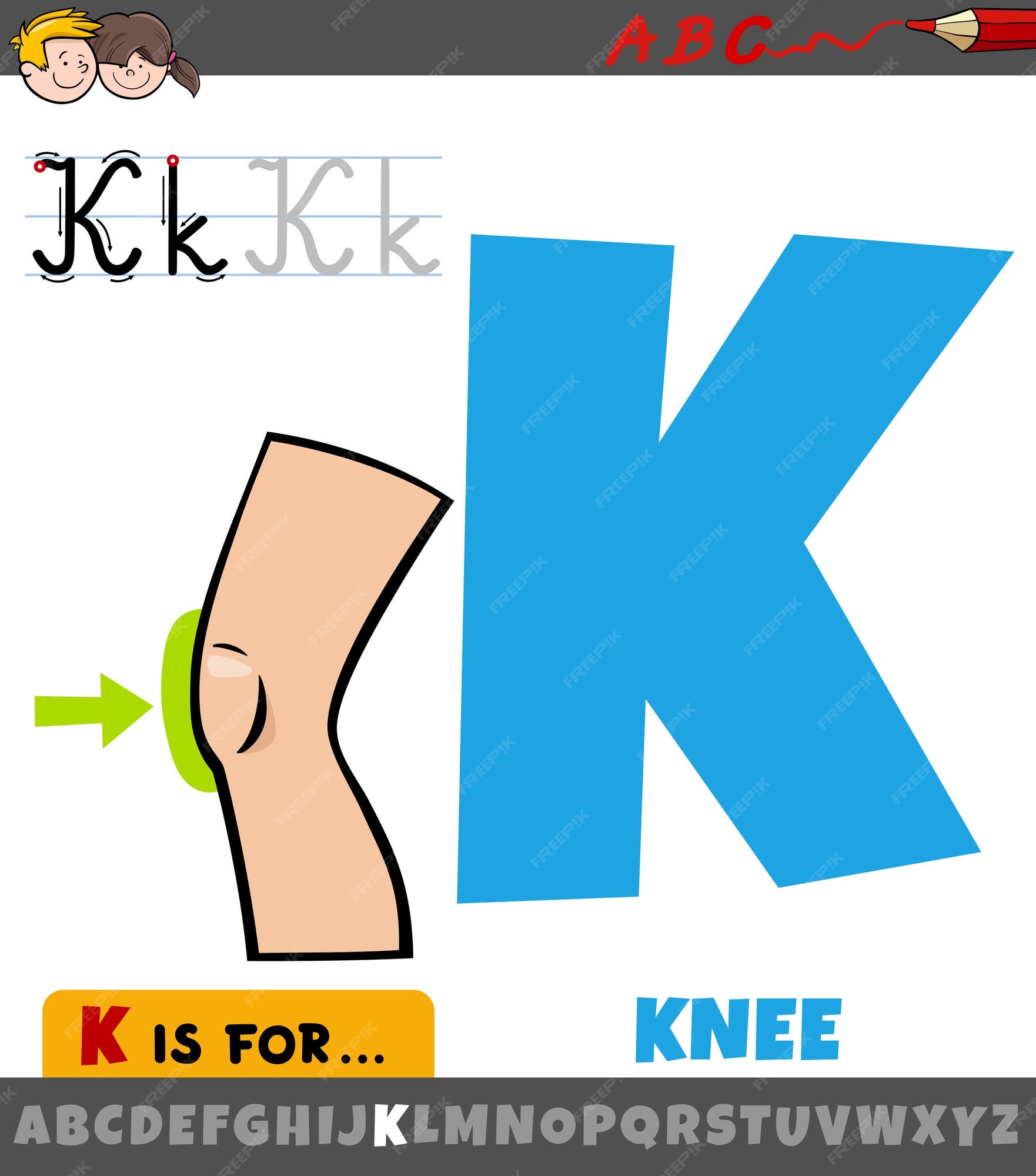 Letra k del alfabeto con parte del cuerpo de la rodilla de dibujos animados  | Vector Premium
