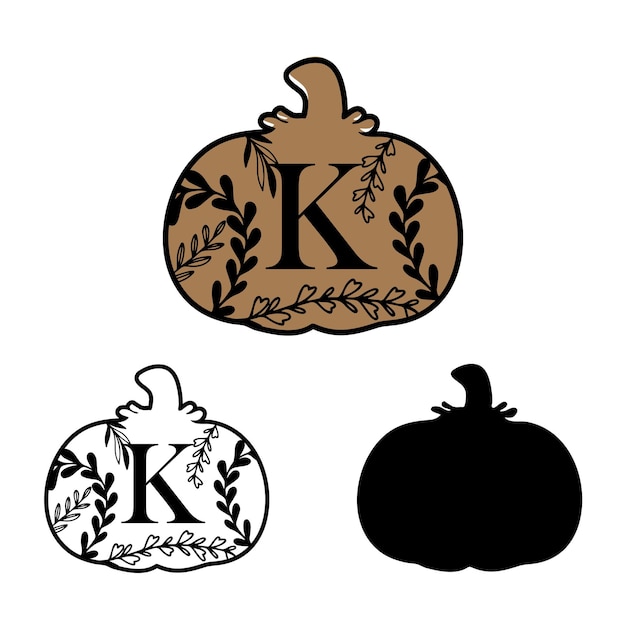 Vector letra k con calabaza de pie inicial floral frondosa