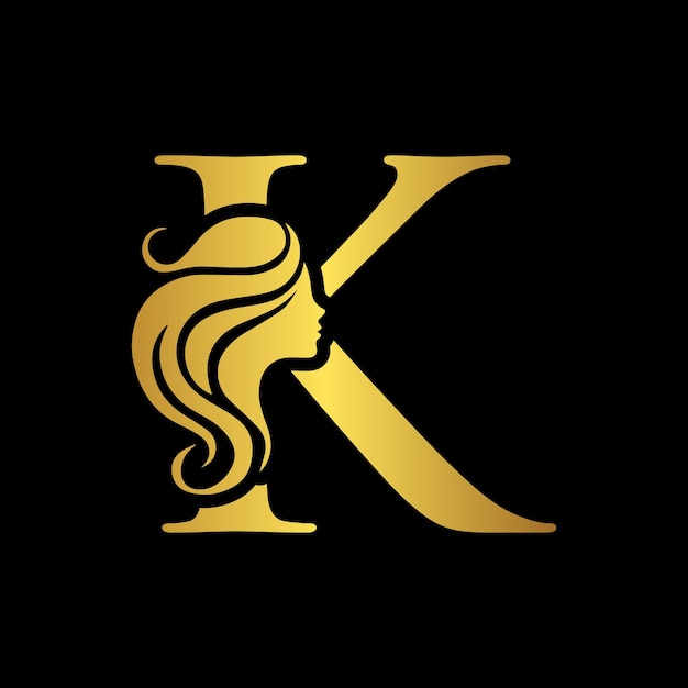 Letra K dorada con un logotipo de silueta de mujer