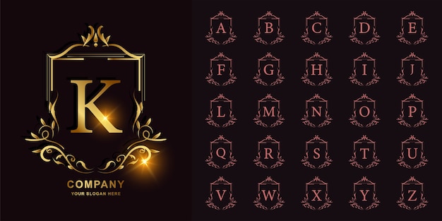 Vector letra k o alfabeto inicial de colección con plantilla de logotipo dorado de marco floral de adorno de lujo.