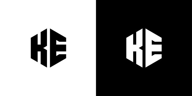 Letra KE Polígono Diseño de logotipo mínimo hexagonal sobre fondo blanco y negro