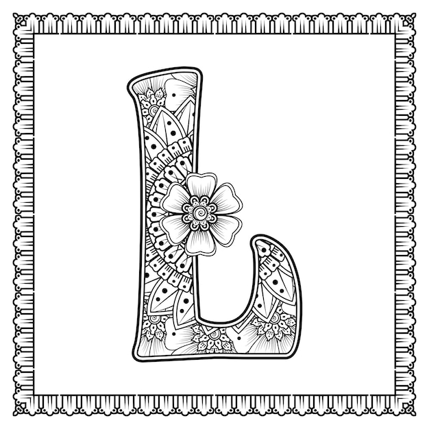 Letra l hecha de flores en estilo mehndi para colorear ilustración de vector de handdraw de contorno de página de libro