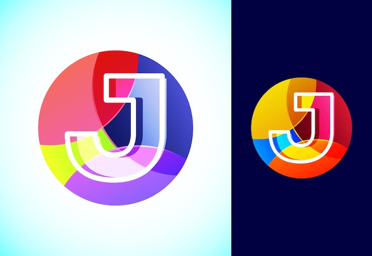 Vector letra de línea j en un círculo colorido símbolo gráfico del alfabeto para la identidad comercial o de la empresa