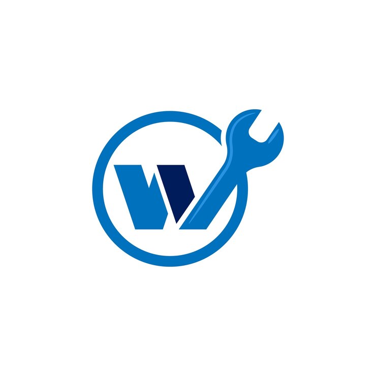 Vector una letra del logotipo azul y blanco w con una llave inglesa en ella