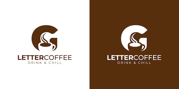 La letra del logotipo de la cafetería y el diseño de la taza de café al vapor en marrón