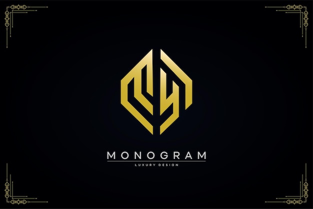 Letra de lujo MI logotipo con plantilla de diseño de vector de forma hexagonal de arte de línea dorada