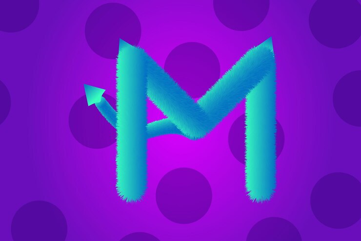 Vector una letra m azul y verde con una flecha puntiaguda sobre un fondo morado.