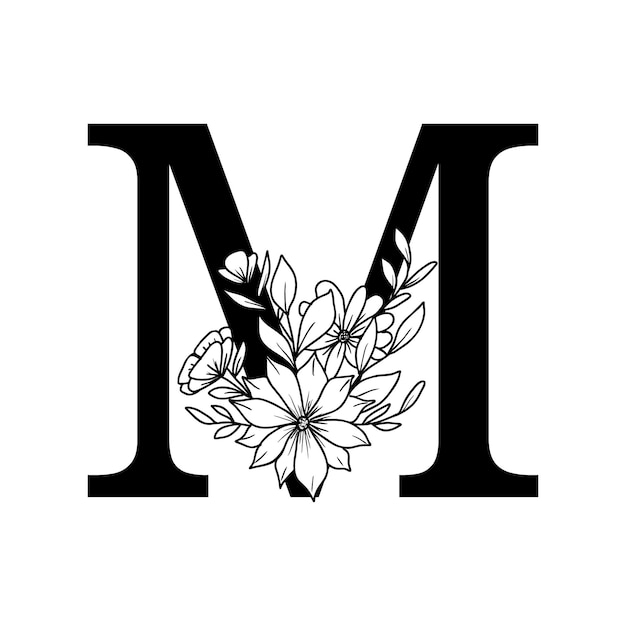 Letra M floral decorativa Alfabeto con ornamento de flores y hojas