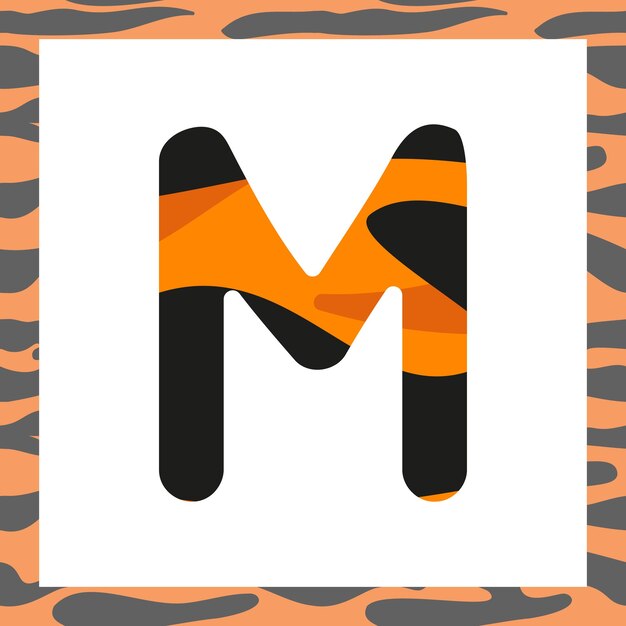 Letra m con fuente festiva de patrón de tigre y marco de naranja con rayas negras, símbolo del alfabeto para ...
