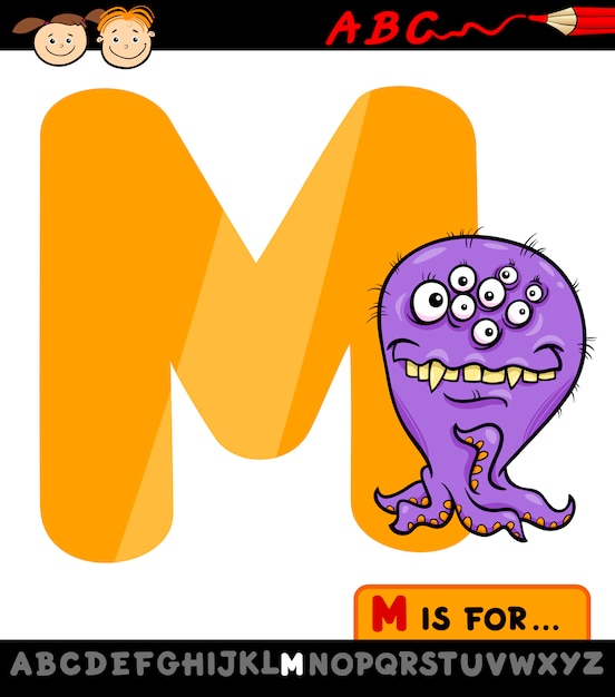 letra m con la ilustración de dibujos animados de monstruo