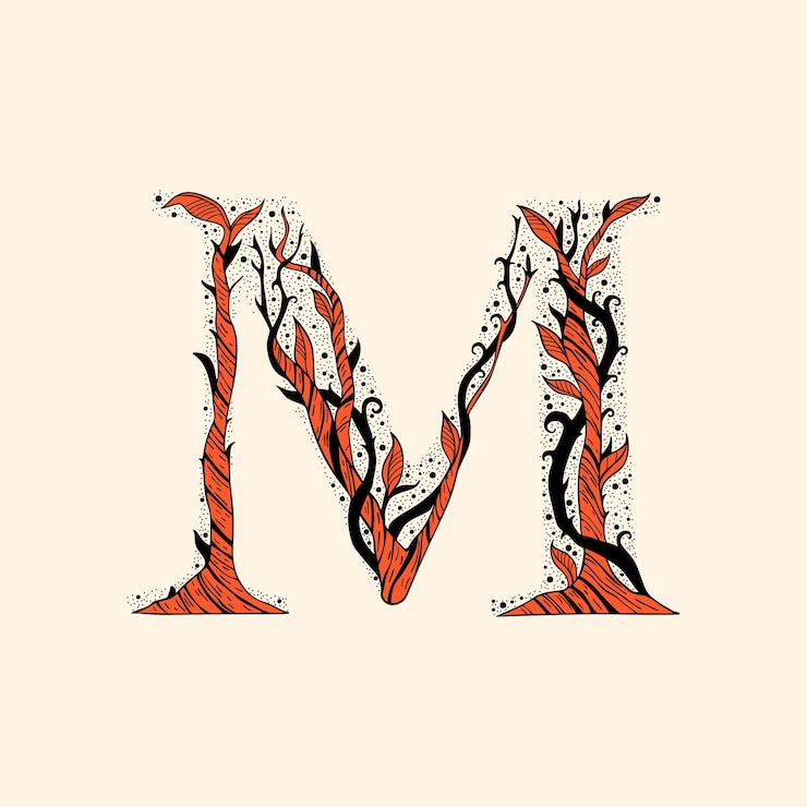 Vector letra m con ramas y hojas