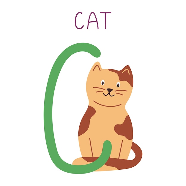 Letra mayúscula c del alfabeto infantil inglés con gato fuente de niños lindos para jardín de infantes y educación escolar