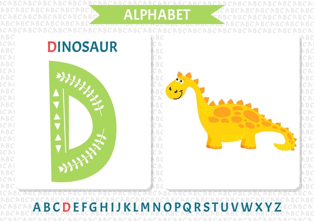 Letra mayúscula verde D del alfabeto inglés infantil con dinosaurio bebé lindo Fuente de niños con animal divertido para jardín de infantes y educación preescolar Ilustración de vector plano dibujado a mano aislado en blanco