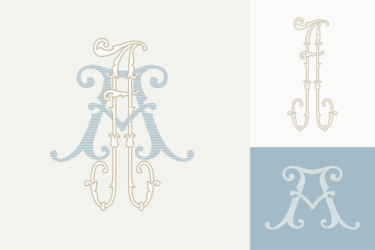 Vector una letra monogramas de matrimonio para los nombres de la novia y el novio mayúsculas anchas y estrechas iniciales con delgadas líneas enredadas y patrones de follaje exuberante