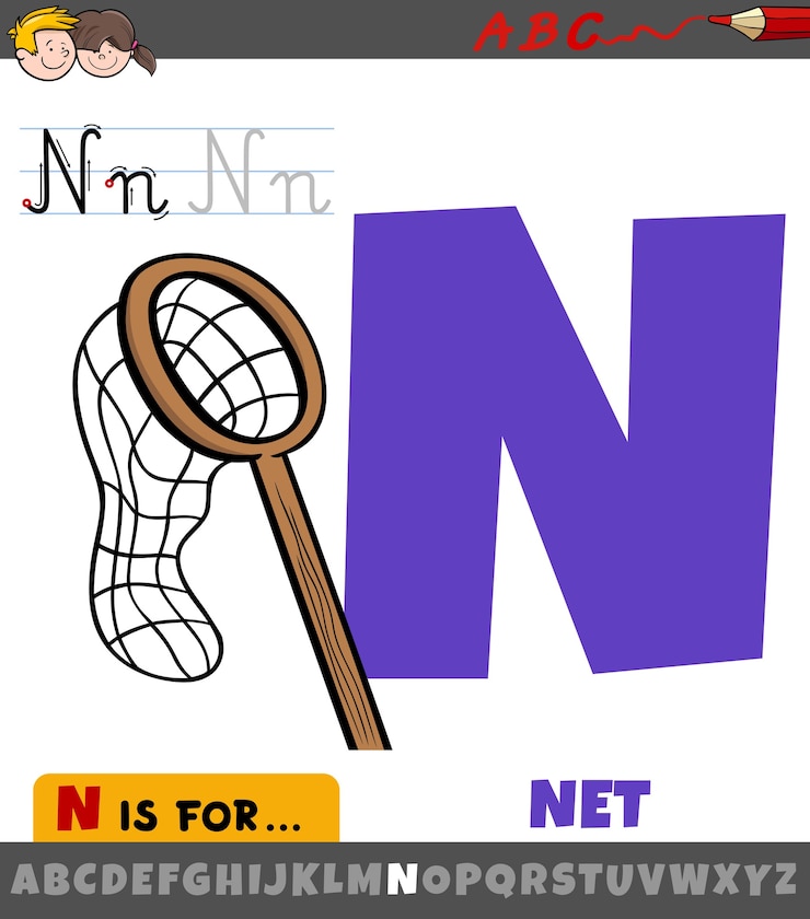 Vector letra n del alfabeto con objeto neto de dibujos animados