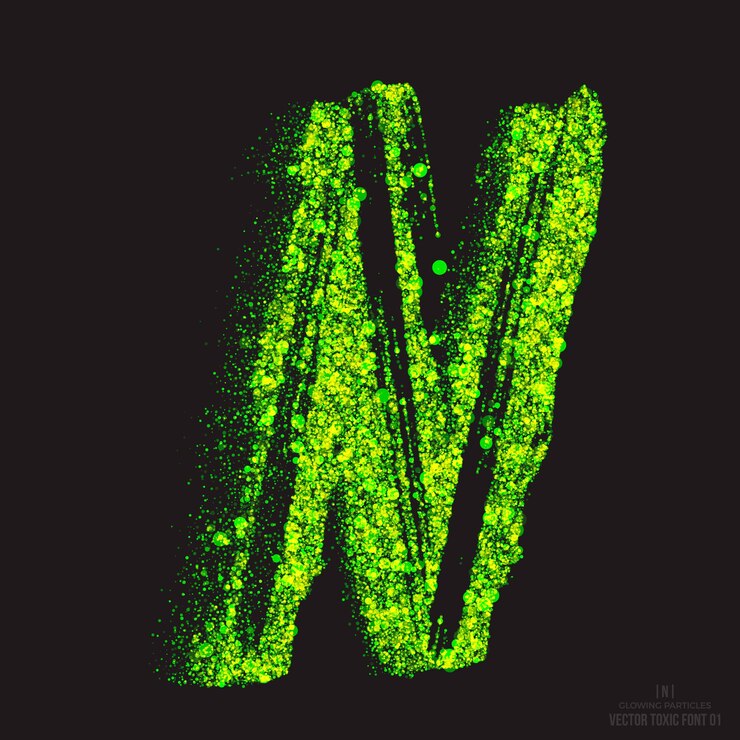 Vector letra n efecto de texto tóxico grunge. partículas de color verde brillante abstractas de fuente ácida aisladas sobre fondo negro. residuos radiactivos. apocalipsis zombie horror. elemento de diseño de símbolo de llama verde