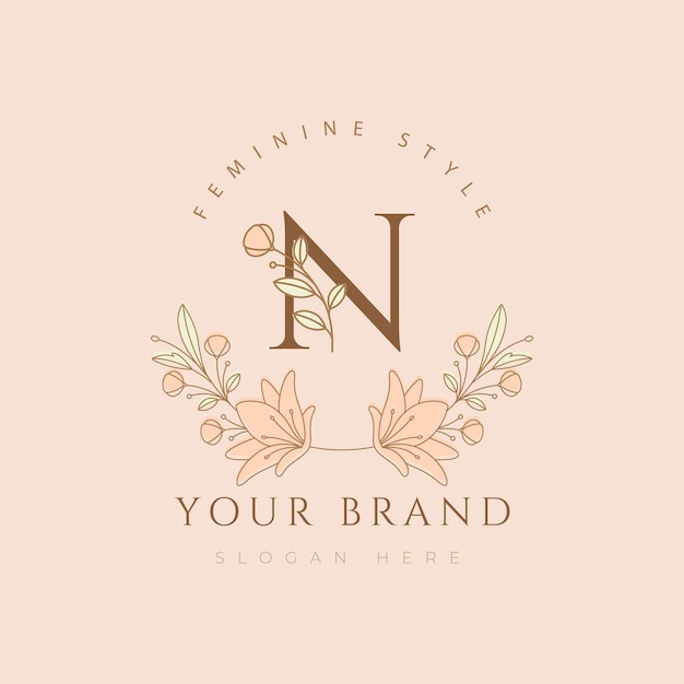 Letra n flor fuente floral minimalista moderna belleza botánica diseño de logotipo ilustración vectorial