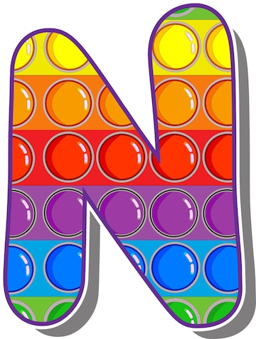  Letra n. letras de colores del arco iris en la forma de un popular juego de niños pop it. letras brillantes sobre un fondo blanco. letras brillantes sobre un fondo blanco.