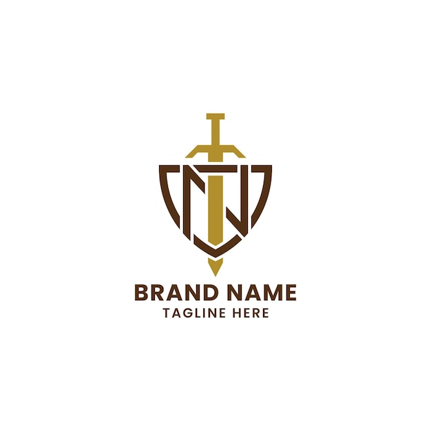 Letra N simple y mínima y espada en el logotipo inicial del monograma del escudo