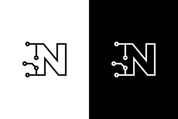 Letra N tecnología diseño de letras Tecnología conexión de puntos abstractos cruz vector logo icono círculo