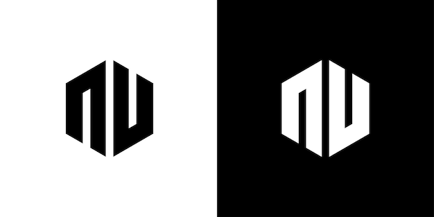 Letra NU polígono Diseño de logotipo minimalista y profesional hexagonal sobre fondo blanco y negro 1