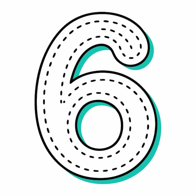 una letra de número 6 trazada minimalista con vector de contorno punteado en fondo blanco