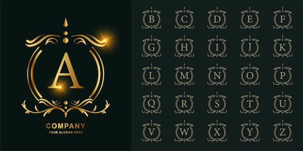 Letra A o alfabeto inicial de colección con plantilla de logotipo dorado de marco floral de adorno de lujo.