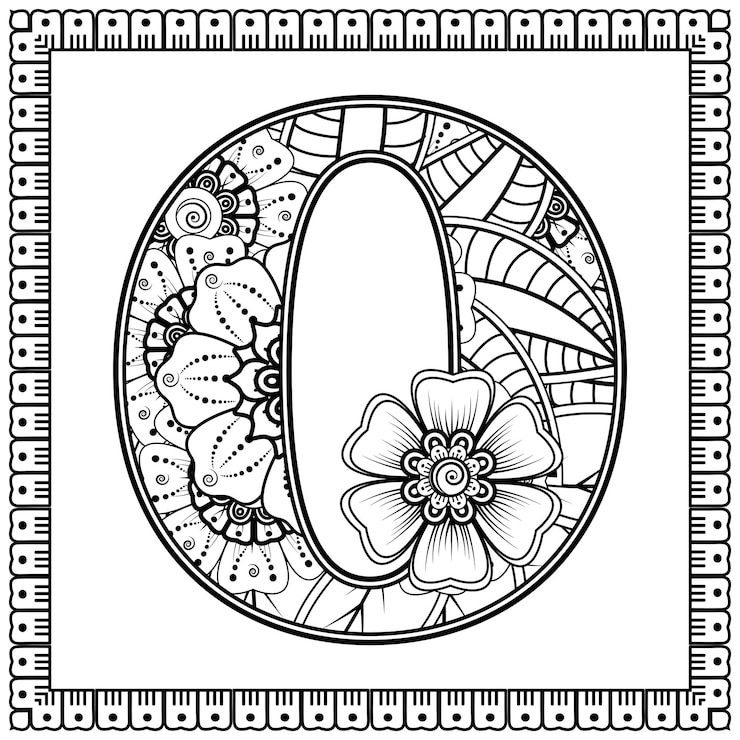 Vector letra o hecha de flores en estilo mehndi para colorear ilustración de vector de handdraw de contorno de página de libro