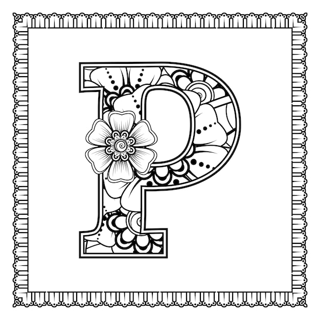 Letra P con adorno decorativo de flores Mehndi en estilo étnico oriental página de libro para colorear