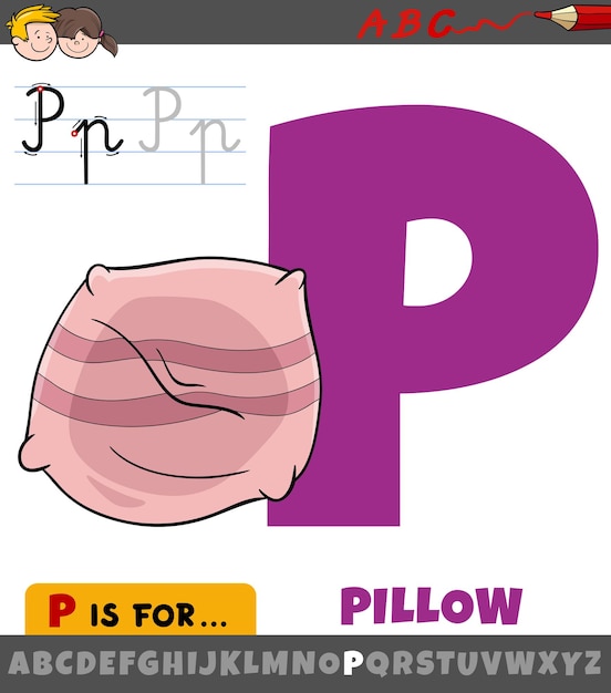 Letra P del alfabeto con objeto de almohada de dibujos animados