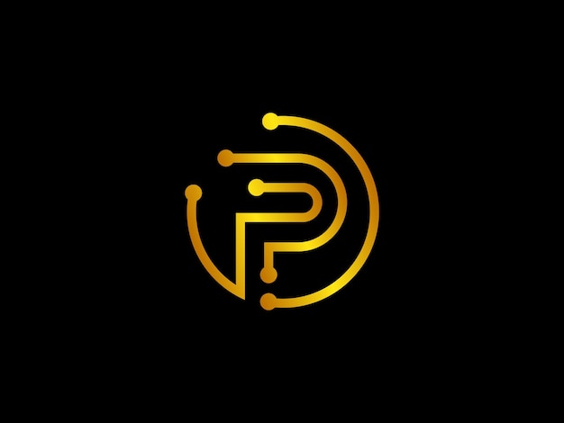 Letra p amarilla con un símbolo de tecnología y tecnología.