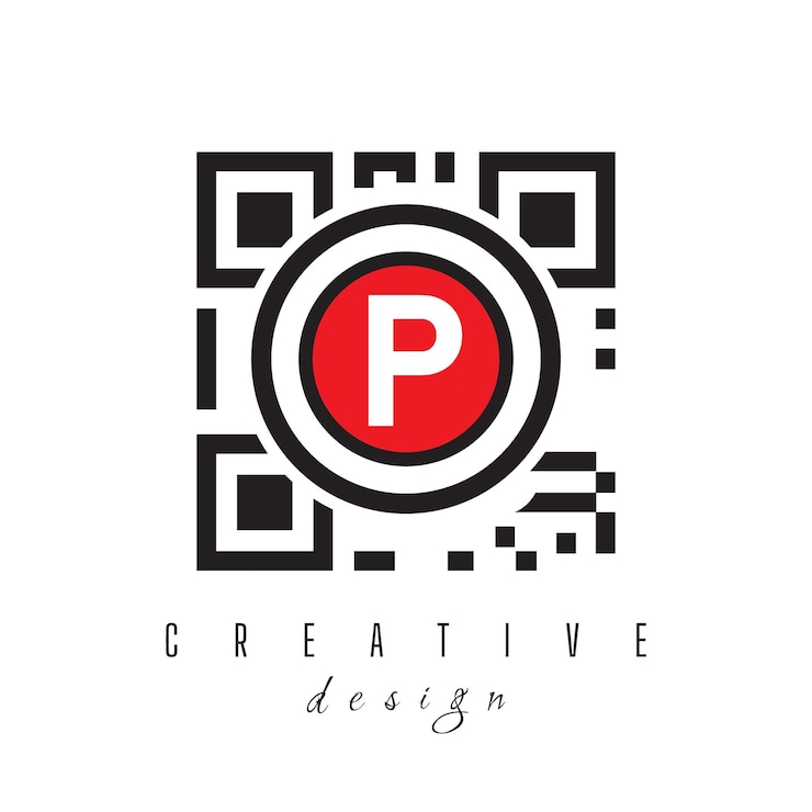 Vector letra p con código qr y código de barras diseño del logotipo círculo logotipo redondeado sobre fondo blanco