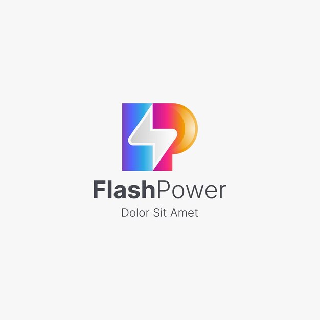 Letra p colorida con logotipo de potencia de flash