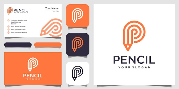 Letra P creativa con inspiración de logotipo de concepto de lápiz. y diseño de tarjetas de visita