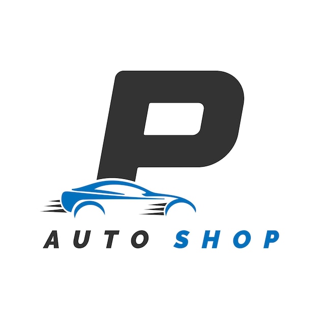La letra P es el logotipo de la mecánica automotriz con el estilo del automóvil.