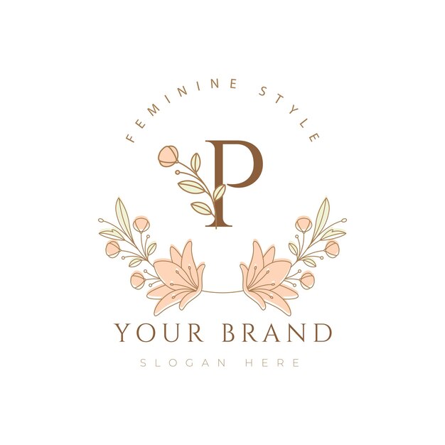 Letra p flor moderna minimalista fuente floral belleza botánica diseño de logotipo ilustración vectorial
