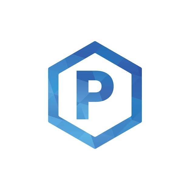 Letra P con forma de hexágono polígono diseño de monograma del logotipo en vector de color azul eps