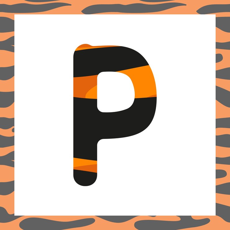 Vector letra p con fuente festiva de patrón de tigre y marco de naranja con rayas negras símbolo del alfabeto para ...