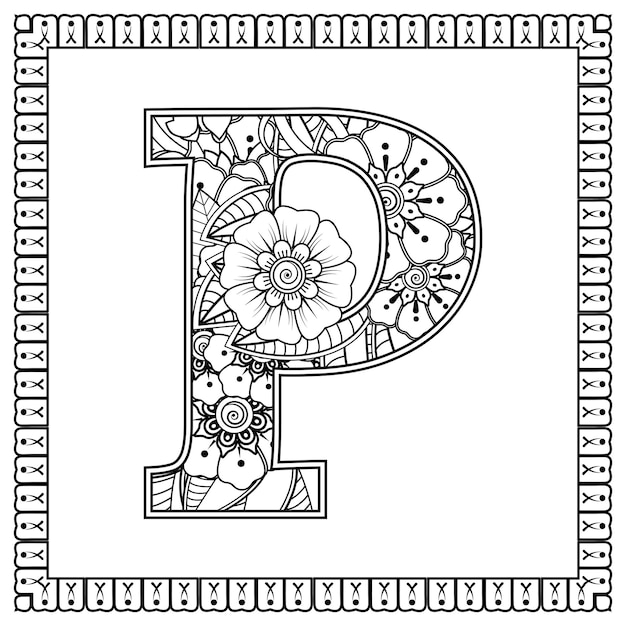 Letra P hecha de flores en estilo mehndi para colorear ilustración de vector de contorno de página de libro handdraw