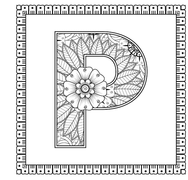 Letra P hecha de flores en estilo mehndi para colorear ilustración de vector de contorno de página de libro handdraw